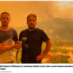 BILD记者Til Biermann（左）和Giorgos Moutafis在Euböav岛，该岛被火焰严重烧毁。