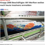 德国《焦点》在线报道：有近2000名员工的MV 造船厂今天申请破产