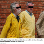 被控走私：沃尔克·瓦尔德曼和英国人吉姆·费顿身穿黄色囚服，在前往伊拉克巴格达法庭的路上。